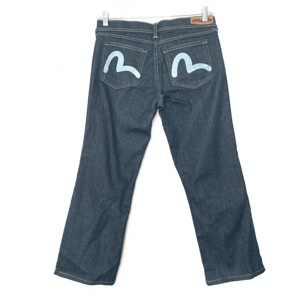Evisu Premium Denim Jeans W28 L30 Straight Leg Dark Wash Blue Logo Pockets